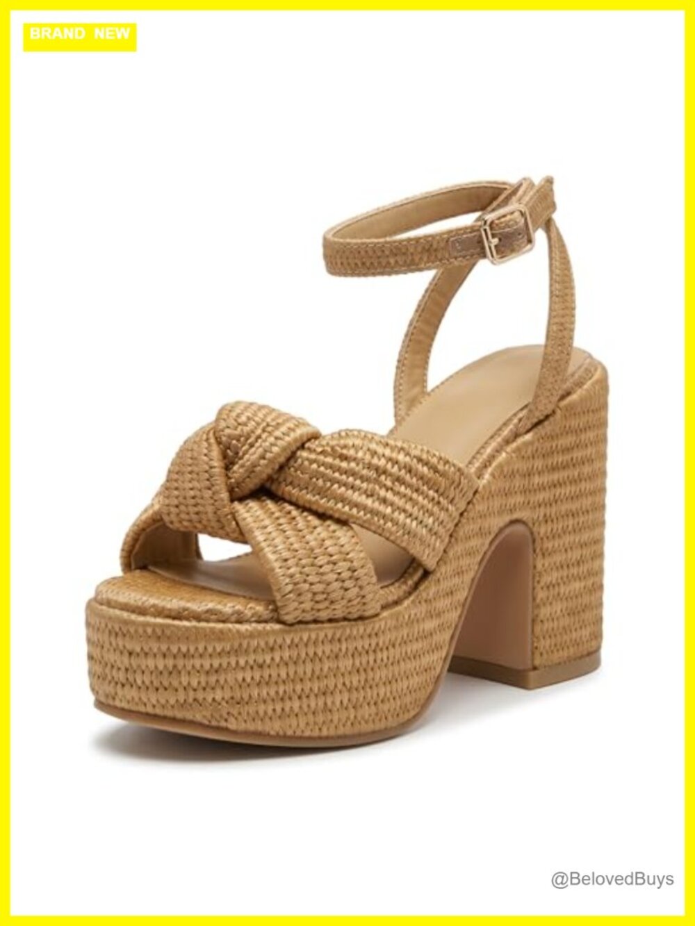 Raffia Platform Sandals, Open Toe Woven Chunky Block Heel Dress Sandals with